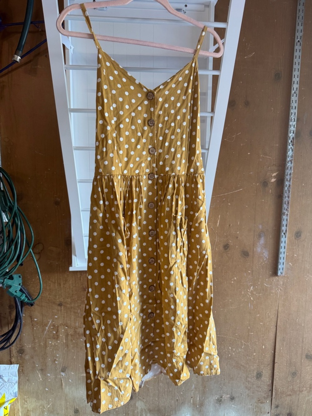 Mustard Yellow Polka Dot Button Down Midi Dress with Pockets